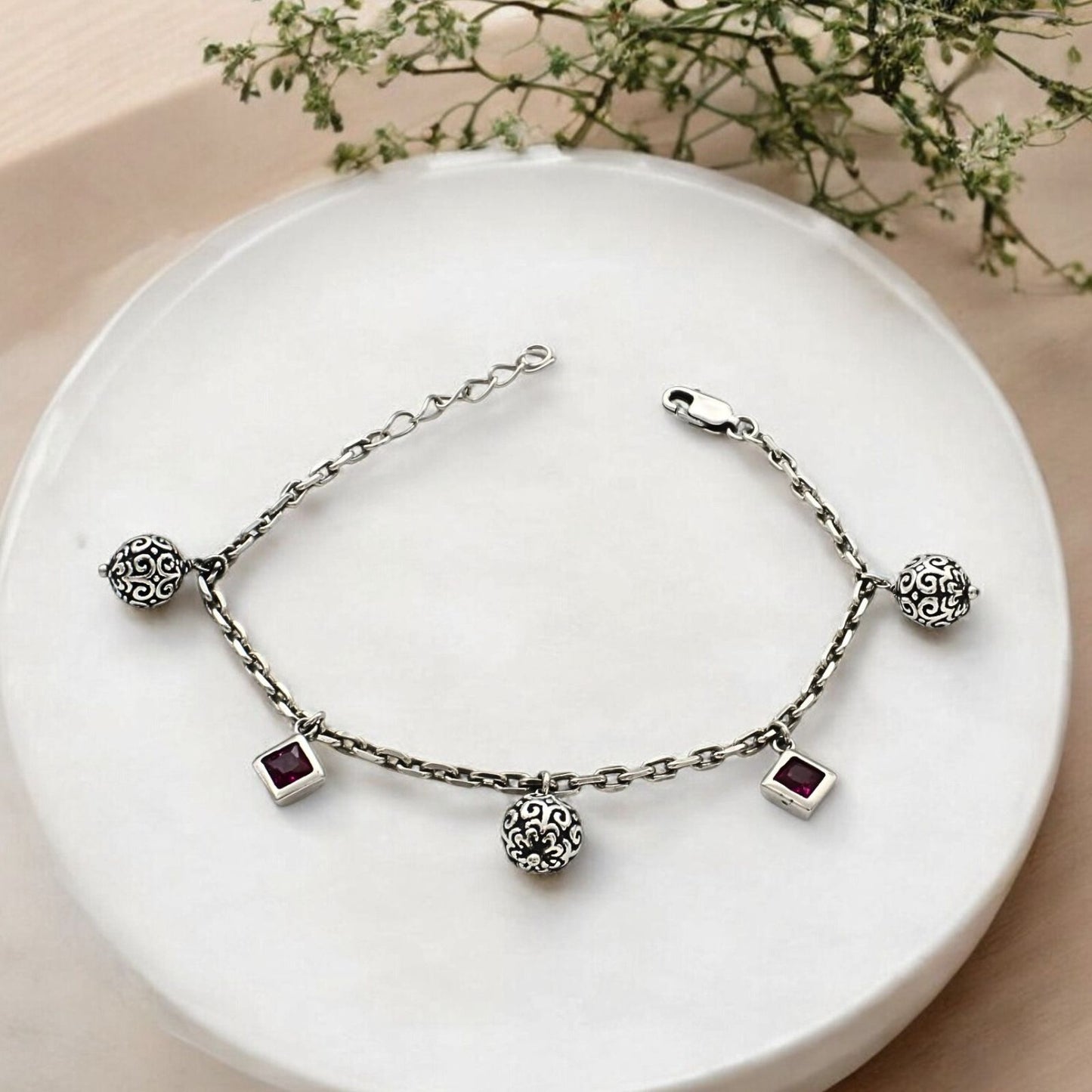 Unique 925 Sterling Silver Pink CZ link chain oxidized Bracelet for Girls