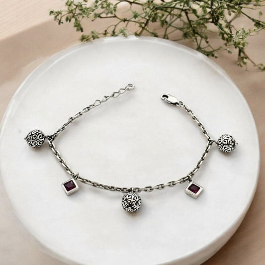 Unique 925 Sterling Silver Pink CZ link chain oxidized Bracelet for Girls