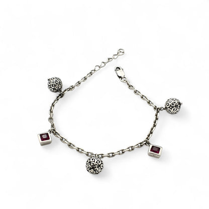 Unique 925 Sterling Silver Pink CZ link chain oxidized Bracelet for Girls