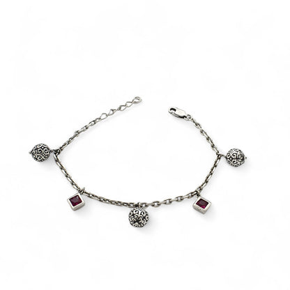 Unique 925 Sterling Silver Pink CZ link chain oxidized Bracelet for Girls