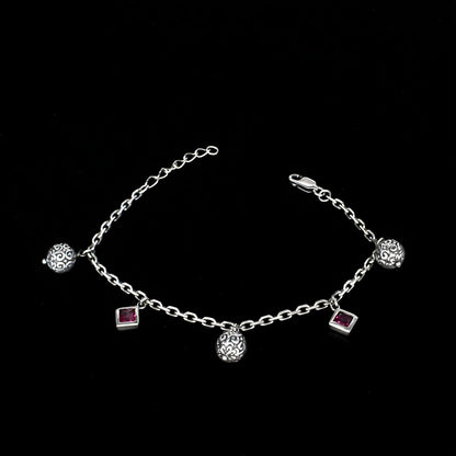 Unique 925 Sterling Silver Pink CZ link chain oxidized Bracelet for Girls