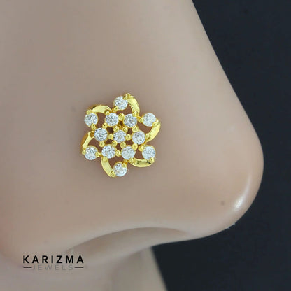 Floral Style 18K Real Gold women White CZ Nose pin nose ring Gold Screw Back