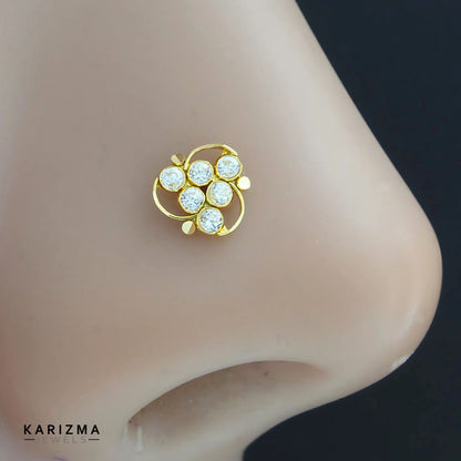 Floral Style 18K Real Gold women White CZ Nose pin nose ring Push pin