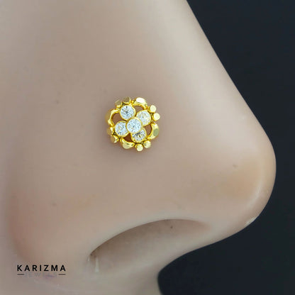 18K Real Gold women White CZ cultural style Nose pin nose ring Push Pin