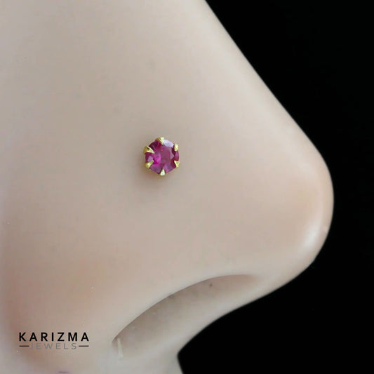 14K Real Gold Women Pink Round CZ Nose Pin daily wear nose ring Push Pin