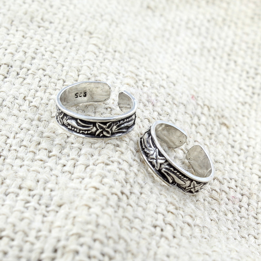 Real Silver Antique finish foot toe rings band - Pair