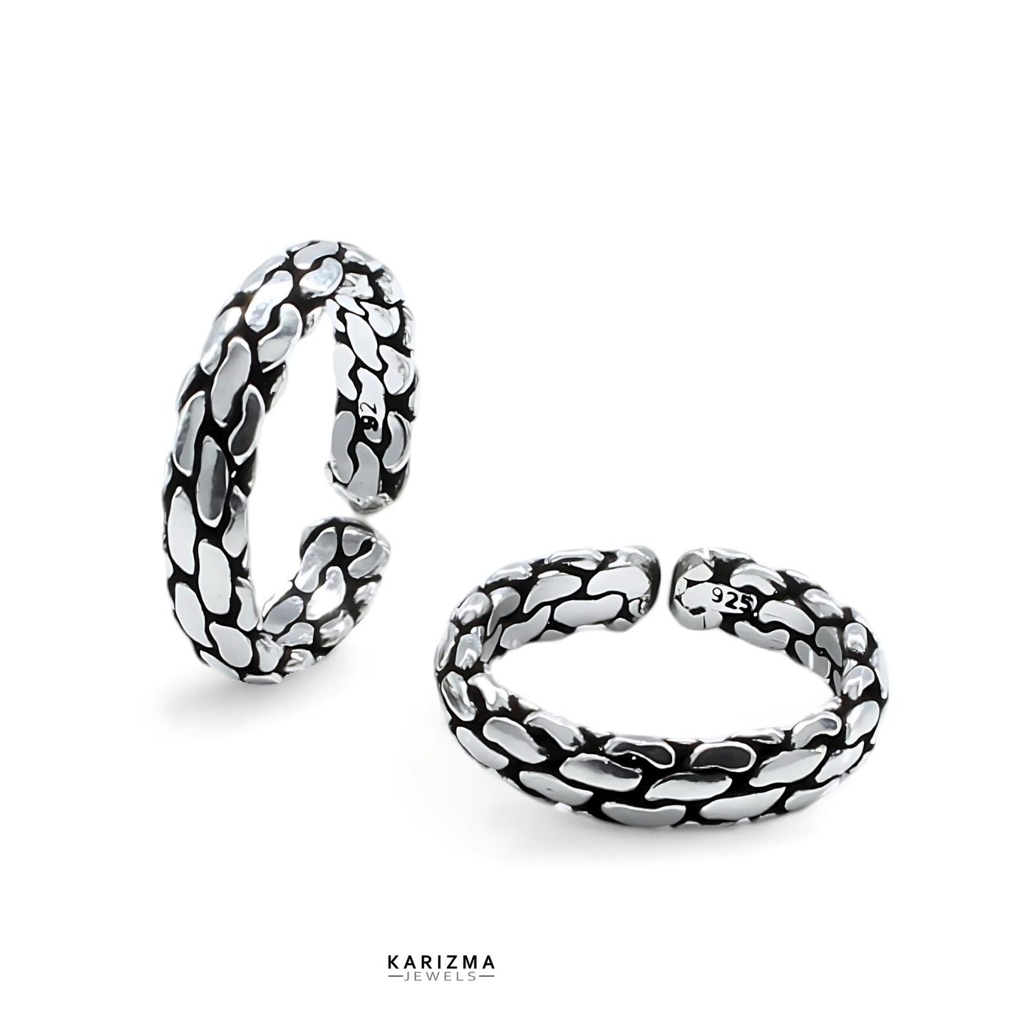 925 Sterling Silver Block Pattern women Oxidized party wear foot toe rings band - Pair