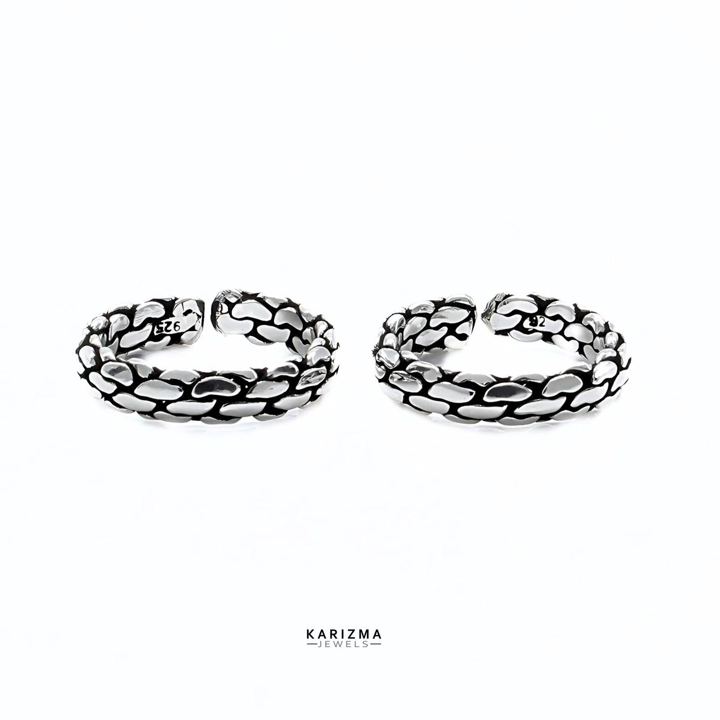 925 Sterling Silver Block Pattern women Oxidized party wear foot toe rings band - Pair