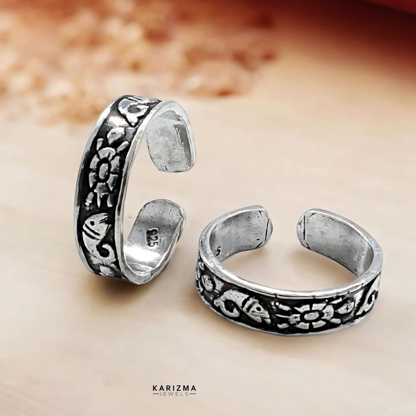 925 Sterling Silver gifting jewelery Indian women Oxidized Fish Design foot toe rings band - Pair