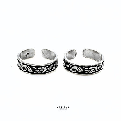 925 Sterling Silver gifting jewelery Indian women Oxidized Fish Design foot toe rings band - Pair