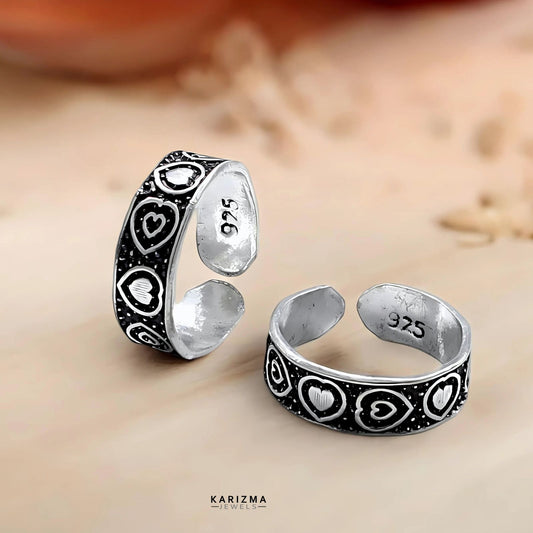 925 Sterling Silver Indian women Oxidized Heart Design foot toe rings band - Pair