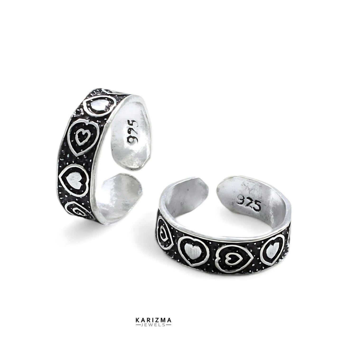 925 Sterling Silver Indian women Oxidized Heart Design foot toe rings band - Pair