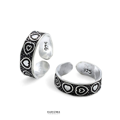 925 Sterling Silver Indian women Oxidized Heart Design foot toe rings band - Pair