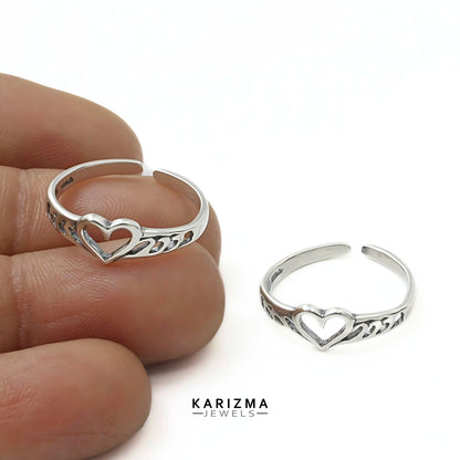 925 Real Sterling Silver women Oxidized heart design Toe Ring - Pair