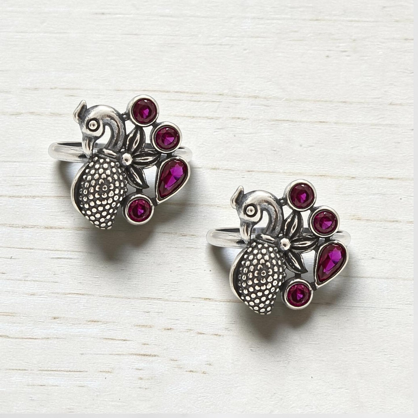 925 Real Silver Women Pink CZ Oxidized Peacock Toe Ring - Pair