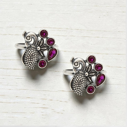 925 Real Silver Women Pink CZ Oxidized Peacock Toe Ring - Pair