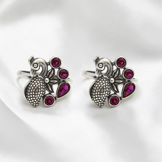 925 Real Silver Women Pink CZ Oxidized Peacock Toe Ring - Pair