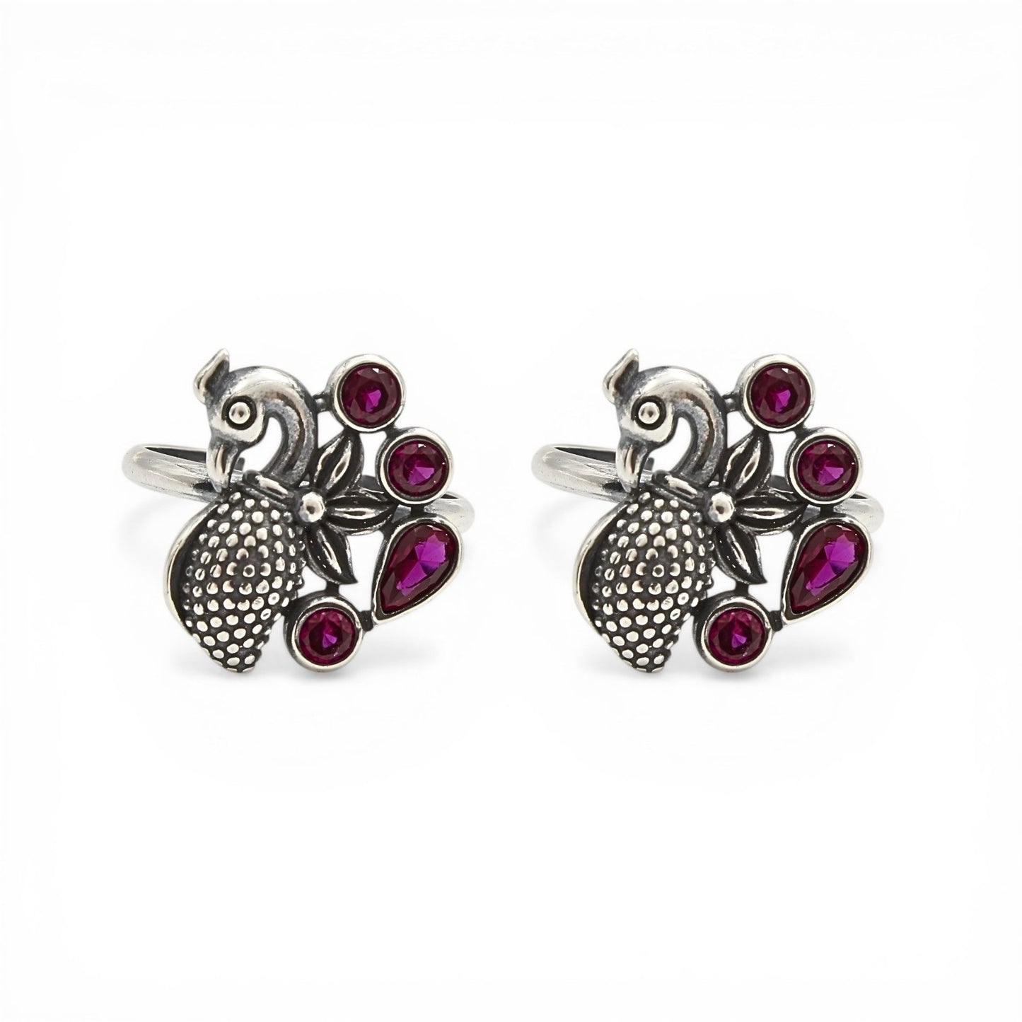 925 Real Silver Women Pink CZ Oxidized Peacock Toe Ring - Pair