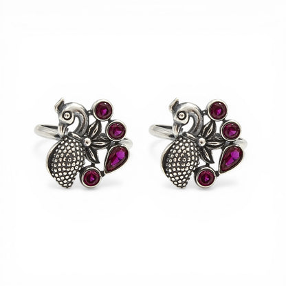 925 Real Silver Women Pink CZ Oxidized Peacock Toe Ring - Pair