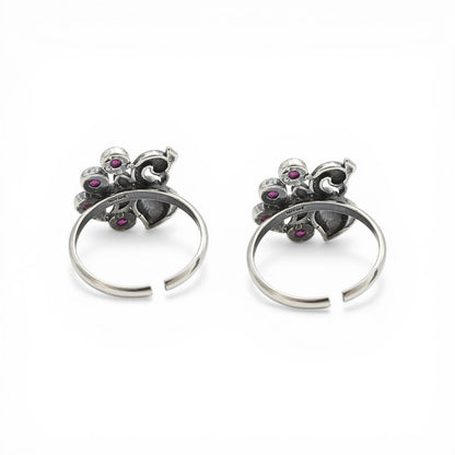 925 Real Silver Women Pink CZ Oxidized Peacock Toe Ring - Pair