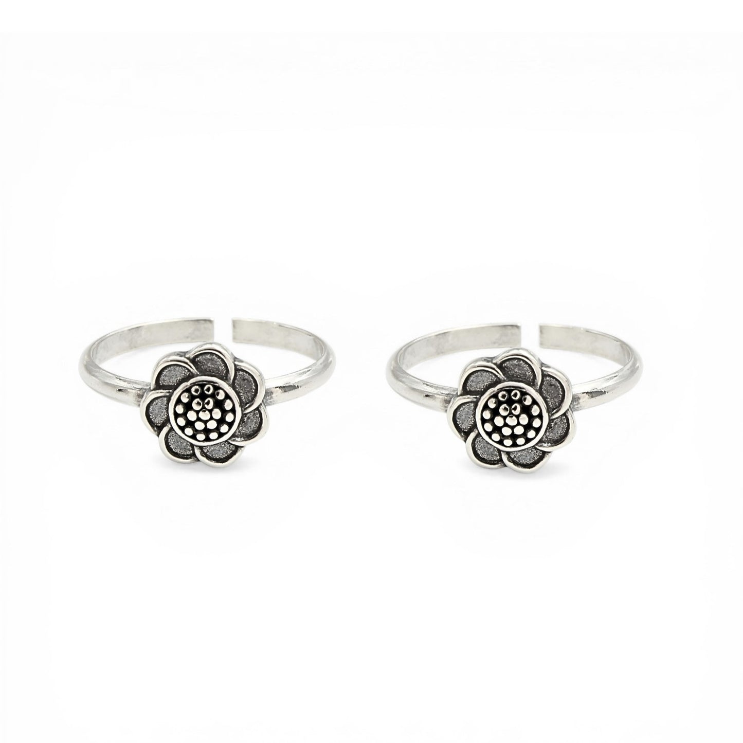 925 Real Silver Women Daisy Flower Oxidized Toe Ring - Pair