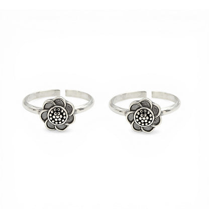925 Real Silver Women Daisy Flower Oxidized Toe Ring - Pair