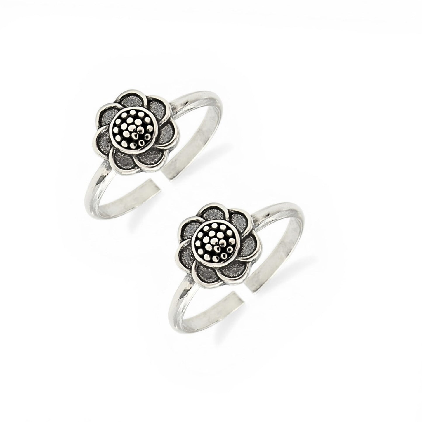 925 Real Silver Women Daisy Flower Oxidized Toe Ring - Pair