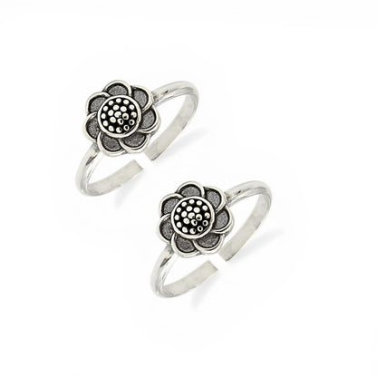 925 Real Silver Women Daisy Flower Oxidized Toe Ring - Pair