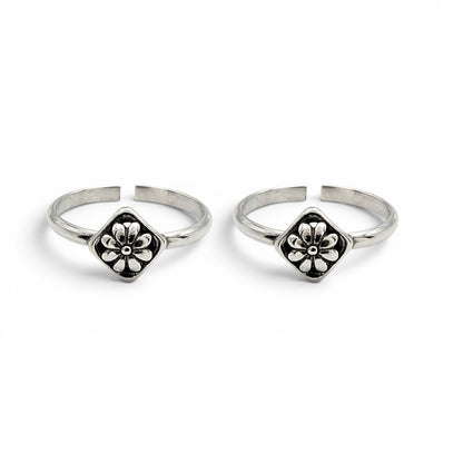 Oxidized 925 Real Silver Women Flower Design Toe Ring - Pair