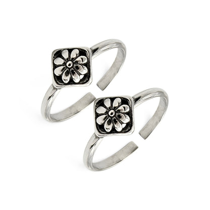 Oxidized 925 Real Silver Women Flower Design Toe Ring - Pair