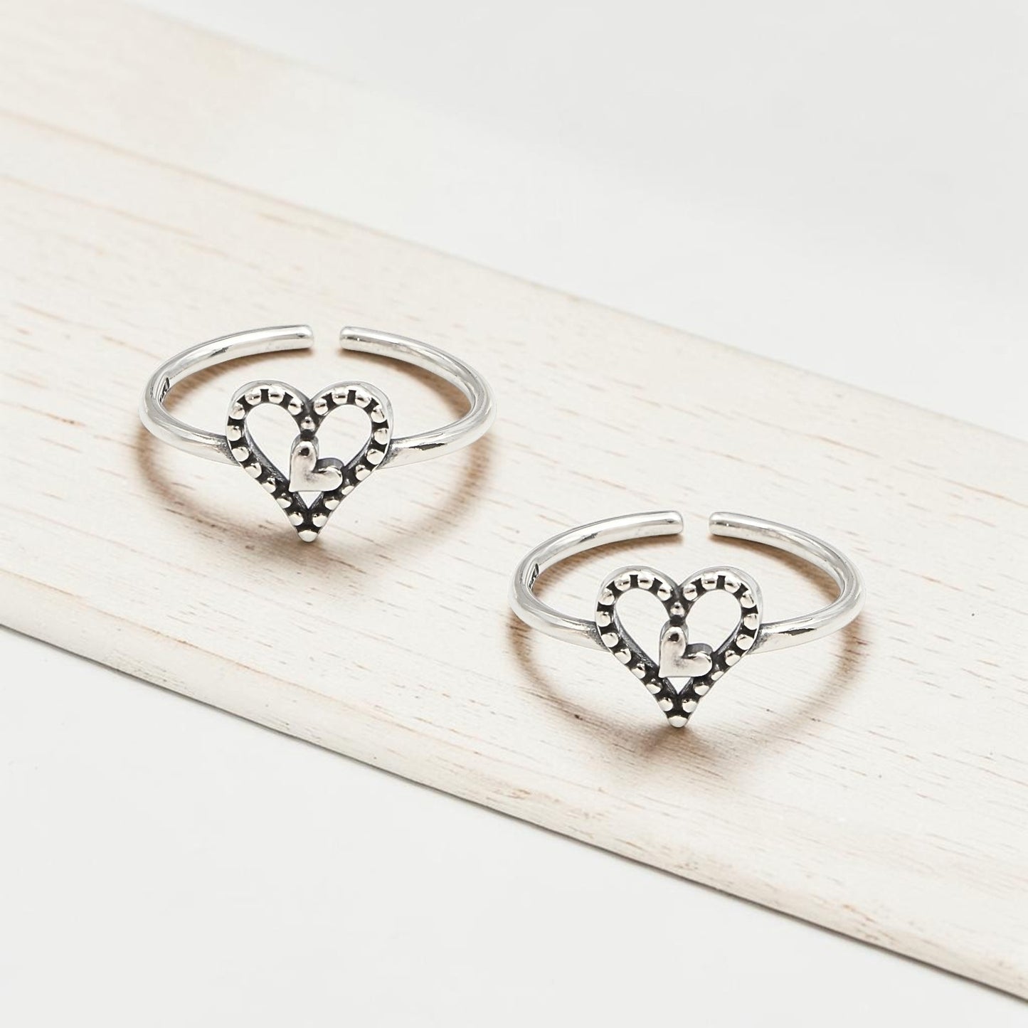 925 Real Silver Women Oxidized Double Heart Toe Ring - Pair