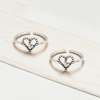 925 Real Silver Women Oxidized Double Heart Toe Ring - Pair