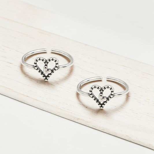 925 Real Silver Women Oxidized Double Heart Toe Ring - Pair