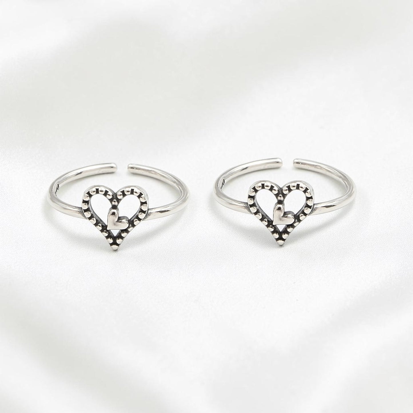 925 Real Silver Women Oxidized Double Heart Toe Ring - Pair