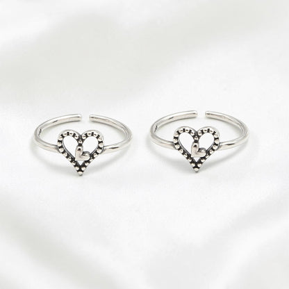 925 Real Silver Women Oxidized Double Heart Toe Ring - Pair