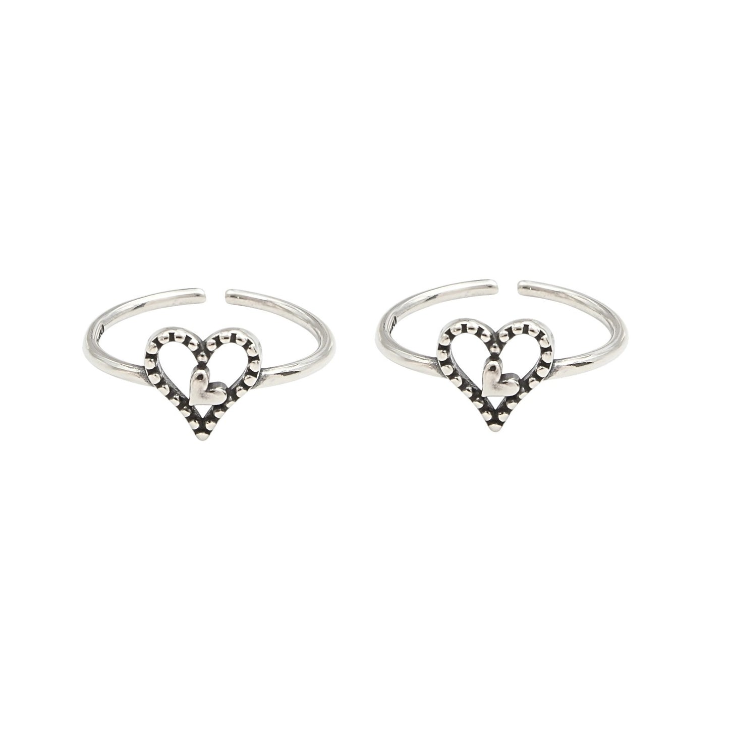 925 Real Silver Women Oxidized Double Heart Toe Ring - Pair
