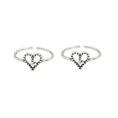 925 Real Silver Women Oxidized Double Heart Toe Ring - Pair