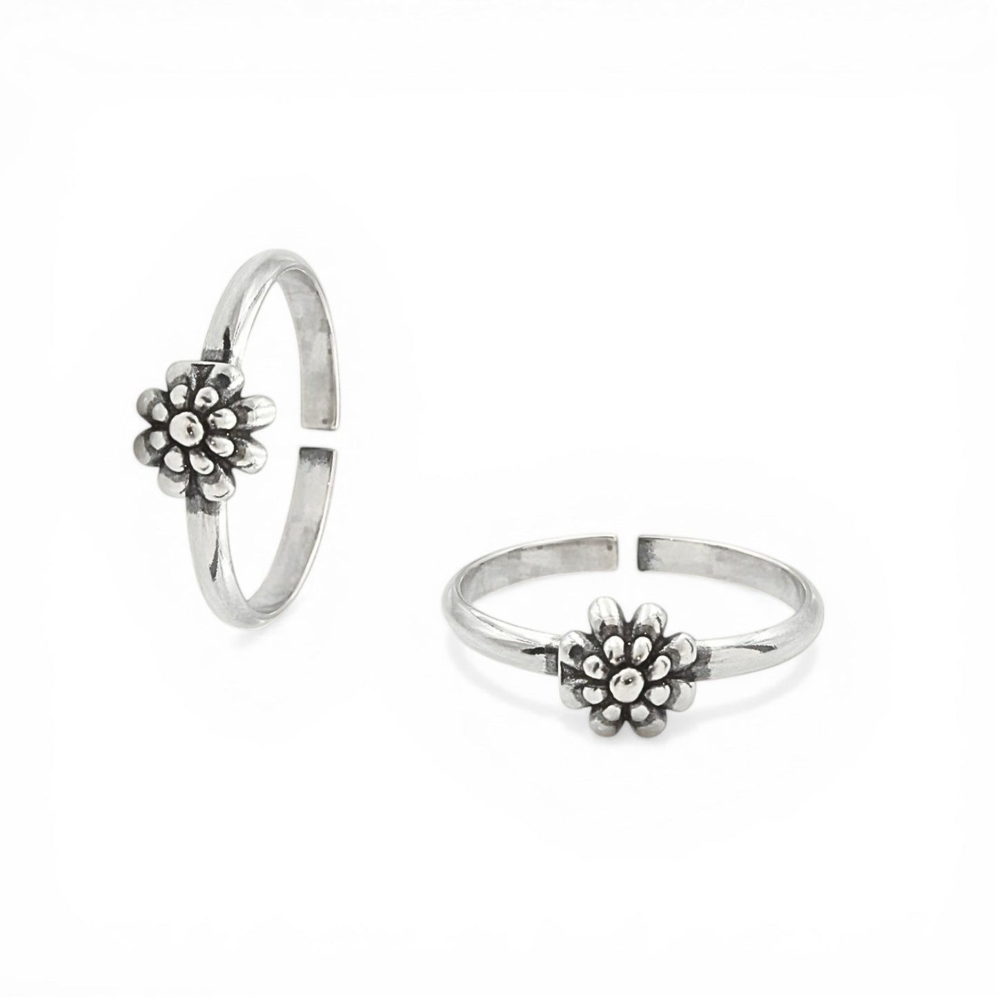 925 Real Silver Women Oxidized Flower Toe Ring- Pair