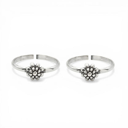 925 Real Silver Women Oxidized Flower Toe Ring- Pair