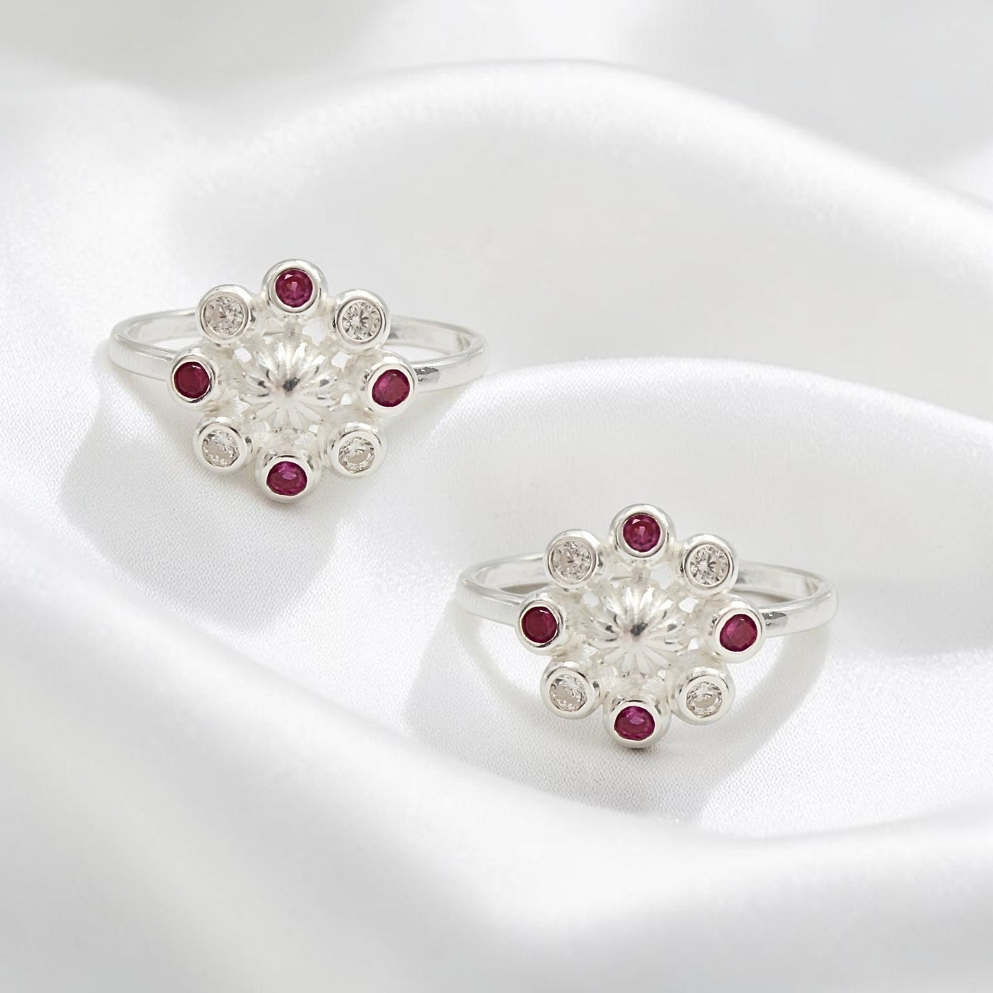 925 Real Sterling Silver women Pink White  CZ Toe Ring - Pair