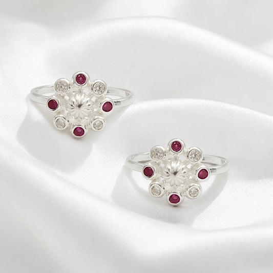 925 Real Sterling Silver women Pink White  CZ Toe Ring - Pair