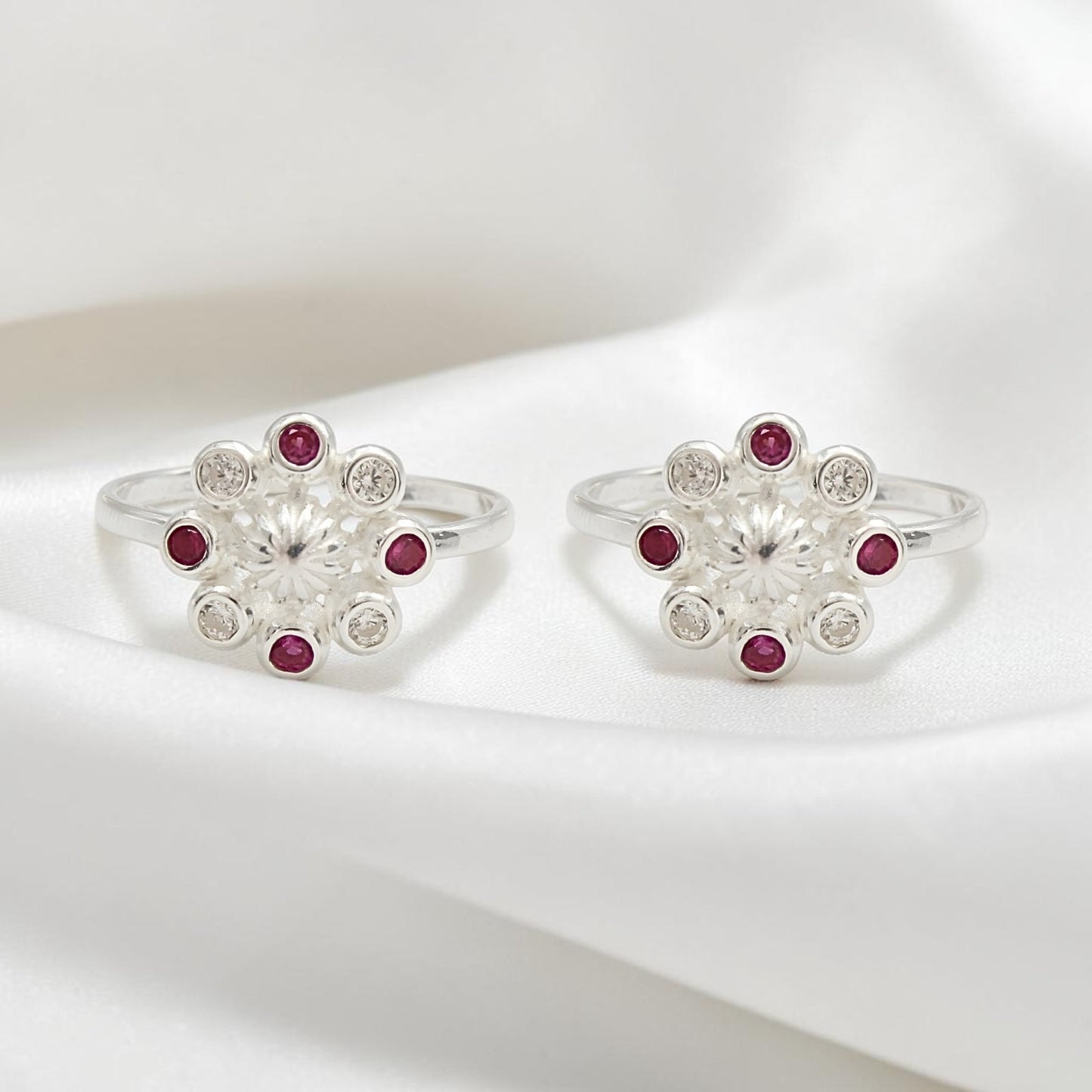 925 Real Sterling Silver women Pink White  CZ Toe Ring - Pair