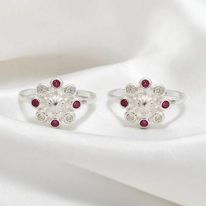 925 Real Sterling Silver women Pink White  CZ Toe Ring - Pair