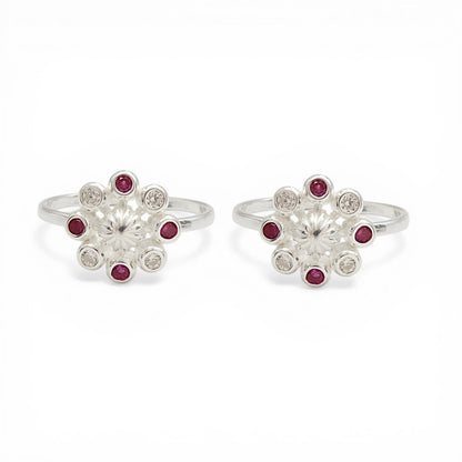 925 Real Sterling Silver women Pink White  CZ Toe Ring - Pair