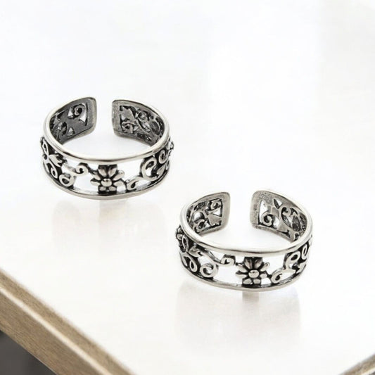 Floral 925 Real Sterling Silver Oxidized women Toe Ring - Pair