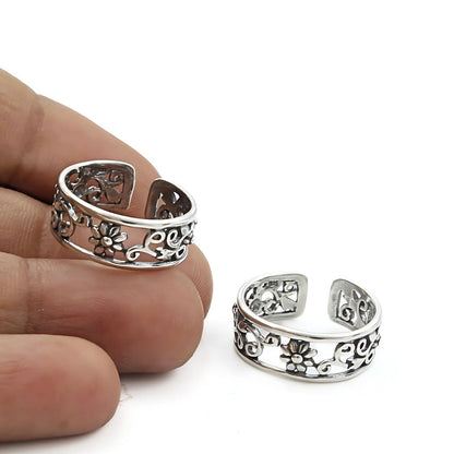 Floral 925 Real Sterling Silver Oxidized women Toe Ring - Pair