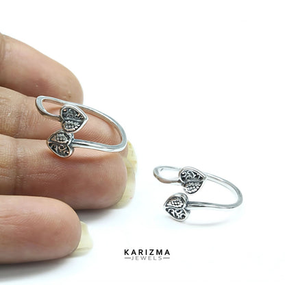 925 Real Sterling Silver women pretty Heart design Oxidized Toe Ring - Pair