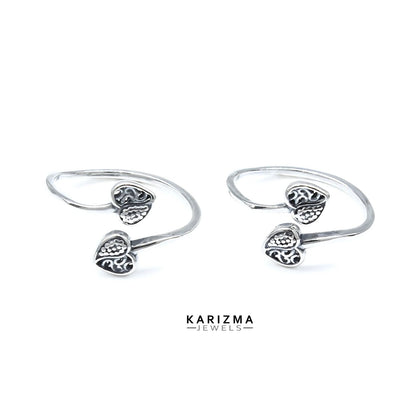 925 Real Sterling Silver women pretty Heart design Oxidized Toe Ring - Pair