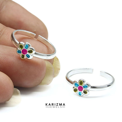 925 Real Sterling Silver women Enamel Floral handmade Toe Ring - Pair