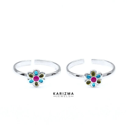 925 Real Sterling Silver women Enamel Floral handmade Toe Ring - Pair